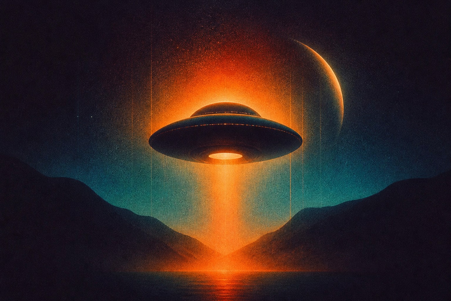 UFO hovering over dark mountains, casting an orange beam